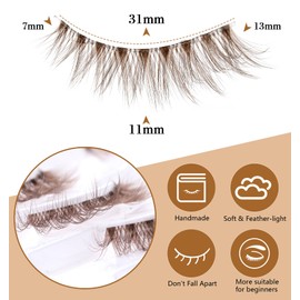 10 Pairs Braune Wimpern, Wimpern Braun Natürlicher Look Leichte Flauschige Lashes mit Klarem Band, Handmade Faux Mink Lashes für D Curl Effekt