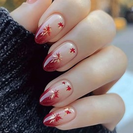Autumn Press-On Nails Medium Almond False Nails Gold and Red Maple Leaf Pattern Red Gradient Gloss Autumn Full Coverage False Nails Women's Nail Art Decorations 24 pcs