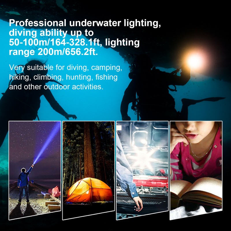 Portable LED Diving Flashlight Underwater Lighting IPX8 Waterproof Light Electric