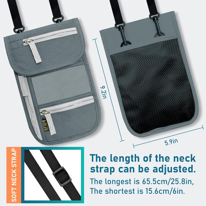 Travel Neck Wallet, RFID Blocking Passport Holder with Adjustable Neck
