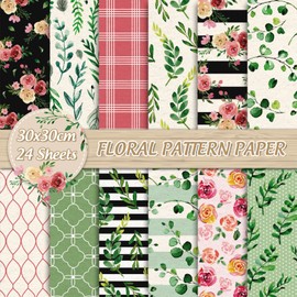 Whaline Floral Pattern Paper Pink Flower Greenery Scrapbook Paper Double-Sided Decorative Craft Paper for Spring Easter Card Making Scrapbook Photo Album Decor, 30 x 30cm, 24Pcs
