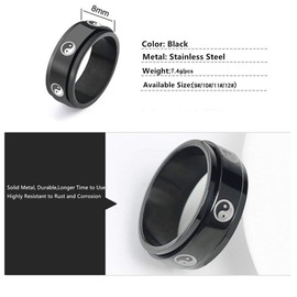 LAFATINA 8 mm Yin and Yang Fidget Spinner Rings Men Women Stainless Steel Taichi Balance Mantra Black Rings, Metal, No Gemstone