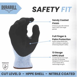 Durabull Safety Workwear or Gardening Gloves. Stretch comfort fit. Sandy Nitrile Coating, Giving a Firm, Anti Slip Grip. Reinforced/Heavy Duty Use. Cut Resistant (2, 9)