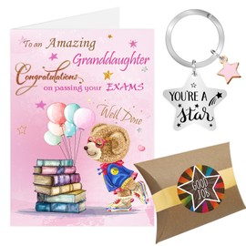 Exam Congratulations Card, Pink Star Congratulations Granddaughter on Your Exam Results Gifts Keyring, Well Done So Proud of You Passing GCSE A Level Passed Exams Card (Pink - Granddaughter)