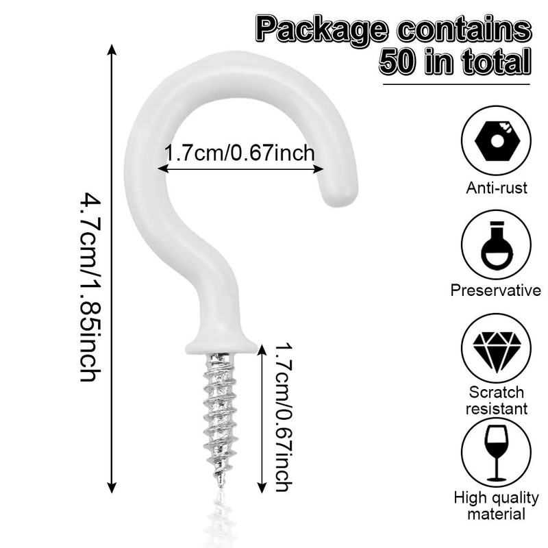 AFASOES Pack of 50 Screw Hooks, Washing Line Hooks, White,