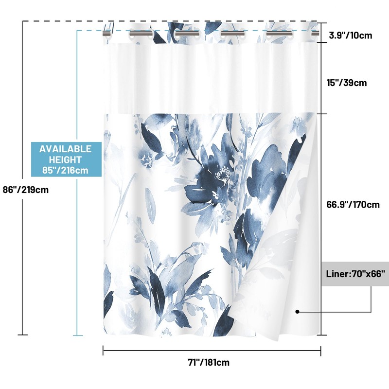 WITHLOC No Hook Shower Curtain with Snap in Liner -