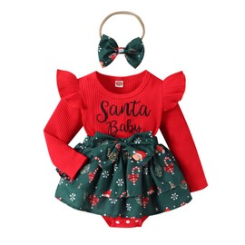 LAGKIYOJ Baby Girl Christmas Outfit Baby Girl Romper Dress Long Sleeve Letter Santa Print Bow Headband Fall Winter Clothes (Red, 9-12 Months)