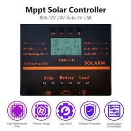 Solar Charge Controller 80A PWM 12V 24V 1920W Solar Charger with 5V USB Output Multip Circuit Protection Anti-Fall Durable ABS Housing Improved Heat Sink