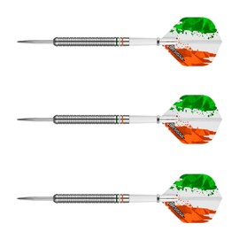 DESIGNA - Juego de dardos con punta de acero de 22 g, 90 % de tungsteno de Irlanda Fighting Irish Patriot X, vuelos y ejes incluidos (2 juegos cada uno), con estuche de viaje, 22 gramos
