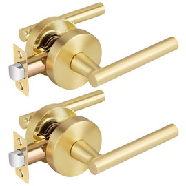 Bonpoly 2 Pack Satin Brass Door Handles, Interior Door Knobs with Passage Function, Non-Locking Door Lever for Closet/Hall, Left/Right Reversible, Modern Round Design