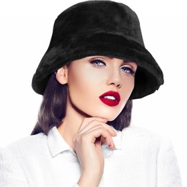 Fuzzy Bucket Hat for Women Foldable Furry Fur Bucket Hat Winter Warm Hats for Women Men Black