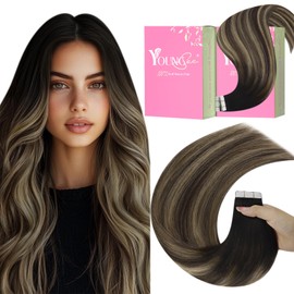 Tape in Human Hair Extensions Ombre Tape Extensions Ombre Off Black Balayage Dark Brown with Caramel Seamless Tape in Hair Extensions for Women Ombre Tape on Hair Ombre Black 22In 50G 20Pcs