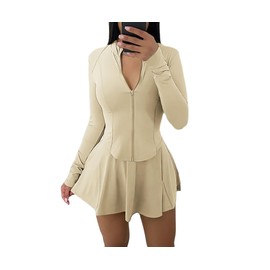 Vssjavun Women 2 Piece Mini Skirt Sets with Long Sleeve Zipper Workout Jacket Sweatsuit Tracksuit Tennis Outfits Going Out Sets Nude S
