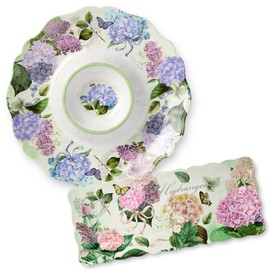 Certified International Garden Path Melamine 2-Piece Appetizer Hostess Set – Chip & Dip Platter 14.5" and Rectangular Serving Tray 19" x 8", BPA-Free, Pink, Purple, and White Hydrangea Design