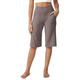 G4Free Wide Leg Yoga Capri Pants for Women High Cross Waist Cropped Pants with Pockets Loose Stretch Capris for Casual Work Workout(Taupe,M,14")