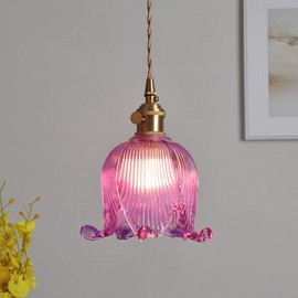 ONEBAO Glass Flower Pendant Light Lily of The Valley Decorative Chandelier with Adjustable Cable E27 Lamp Holder Single Lamp Lighting Fixture, Purple