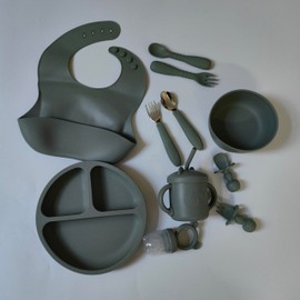 Remonda Baby Led Weaning Supplies,Silicone Baby Feeding Set, Baby Gifts,Suction Plate Bowl Set, Self Feeding Utensil Sets, Bib, Cup, Fruit Feeder, First Stage Eating Essentials, 6+ Months（Green）