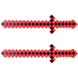 Pack of 2 Color Led Flashing & Sound Light Up Classic Diamond Pixel 8 Bit Toy Swords, Red, 24 Inches
