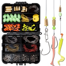 138pcs Fishing Accessories Set with Tackle Box Including Offset Worm Hooks, Jig Head Hooks,Barrel Swivel Snaps, Copper Weights, Space Beans,Beads for Saltwater and Freshwater