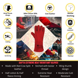 SAFTA Extreme Heat Resistant Gloves, Cow leather with Kevlar Stitching, Ideal Welding gloves for TIG and MIG, Perfect BBQ gloves for cooking in Grill and Oven. (Red, 14 Inches Long)