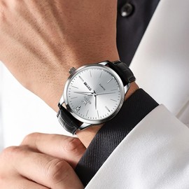 OLEVS Watch Men Siver Face Watches for Men Black Leather Band Men’s Wrist Watches Waterproof Luminous Classical Analog Quartz Man Watch Day Date Diamond Dress Vintage Casual Reloj para Hombre