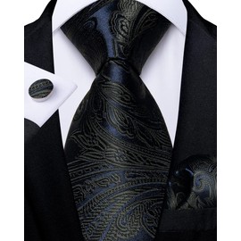 DiBanGu Conjunto de gemelos de seda para hombre con corbata y bolsillo de tela formal y corbata sólida, Azul Marino Negro Paisley, Talla única