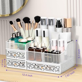 Lamesa Makeup Organizer for Vanity, Metal Makeup Organizers and Storage, Large Capacity Vanity Organizers for Cosmetics, Skincare, Desk Organizers with Drawers for Dresser Countertop(Large White)