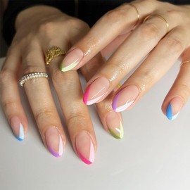 NICENEEDED 24 Pcs French Tips Press on Nails, Colorful Almond Fake Nails, Full Cover Stick on Nails Acrylic Pastel False Nails Glue on Nails for Women Nail Decoration