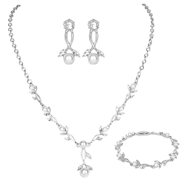 KEUKORZ Silver Bridal Jewelry Sets for Women,Created Pearl Pendant Necklace