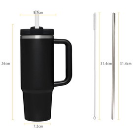 Mythya 40OZ Vaso Térmico de Acero Inoxidable, Termo de Acero Inoxidable con Asa y Tapa, Taza Termo para Cafe sin BPA, Portátil, con Pajita y Cepillo de Limpieza (Negro)
