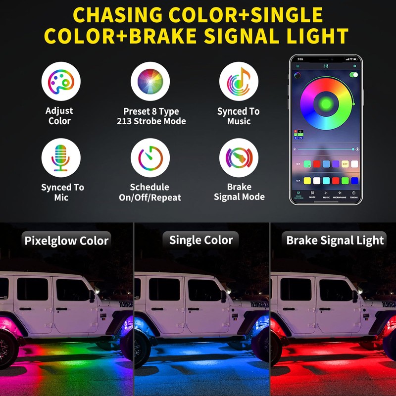 10 Pods Full Angle RGB Rock Lights Compatible with 12V-24V