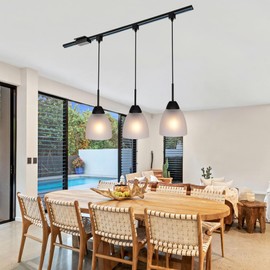 VINLUZ 3-Pack H-Type Classic Track Pendant Lighting with Frosted White Glass Shade,Metal Black Finish Kitchen Island Lighting Fixtures for Dining Room，,Set of 3