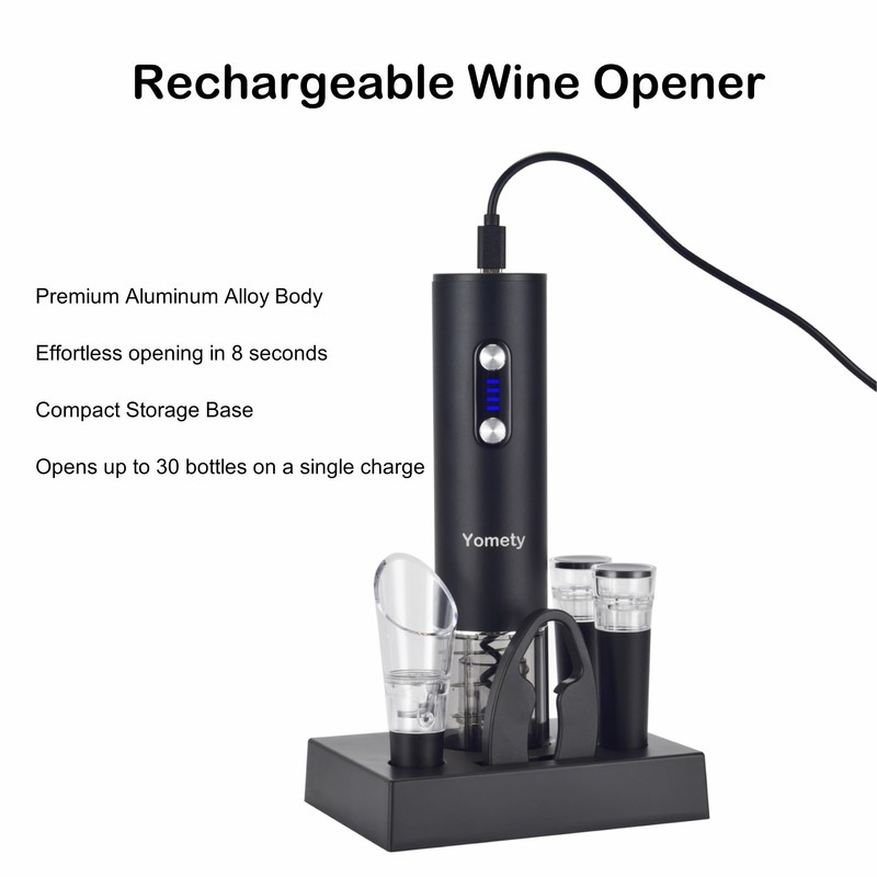 Electric Opener Set With Base, Accessories Including Rechargeable Corkscrew, Aerator,
