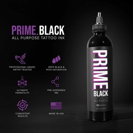 PRIME TATTOO SUPPLY Black Tattoo Ink, Made in USA, Perfect for Lining and Shading, Smooth, Consistent Ink, Professional Tattoo Supplies, 8oz