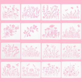 Flower Stencils Drawing Crafts Templates - 16pcs Plastic Painting Stencils Reusable Wildflower and Plant Stencil Spring Drawing Templates for Painting on Wood, Floor, Wall and Tile