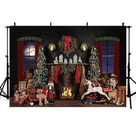 MEHOFOND 7x5ft Christmas Backdrop Xmas Tree Bear Fireplace Fire Christmas Wreath Toy Photography Background Family Festival Party Decoration Banner Portrait Photo Studio Props Supplies
