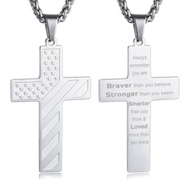MeMeDIY 18+2 Inch Cross Necklace American Flag Cross Necklace for Men Stainless Steel Inspirational Bible Verse Cross Pendant Gold/Silver/Black Cross Chain Patriotic Jewelry (Silver-02)