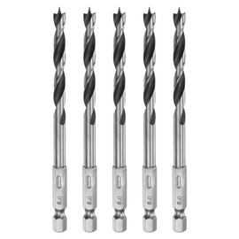 sourcing map 5pcs Brad Point Drill Bit 6mm (15/64") Dia Bearing Steel 1/4" Hex Shank Wood Drill Bits 2.13" Working Length Spiral Twist Drilling Tool for Woodworking Softwood Plywood Plastic