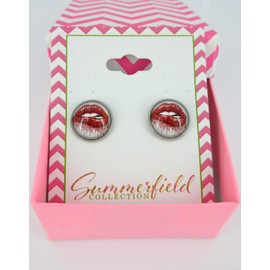 Summerfield Collection Stainless Steel Lip Bite Print Glass Stud Earrings 12mm White Red Lipstick