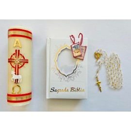 Set Para Confirmación: Vela con Cruz Roja (8" x 3"), Biblia Dorada en Espanol (6.5" x 4.5"), Escapulario Tejido de Hilo y Rosario de Cristal Dorado