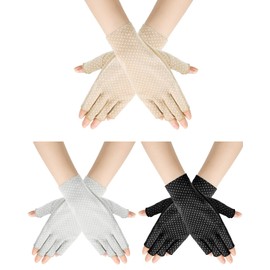 Sunblock Fingerless Gloves Non-slip UV Protection Driving Gloves Summer Outdoor Gloves for Women Girls (Black, Light Beige, Light Gray, 3 Pairs)
