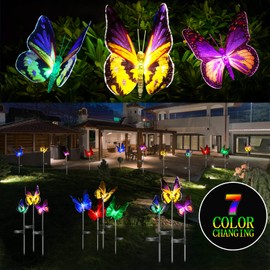iQYTB - Luces solares para jardín al aire última intervensión, paquete de 3 luces decorativas solares de mariposa, impermeables, LED que cambian de color, luces solares para exteriores, luces solares