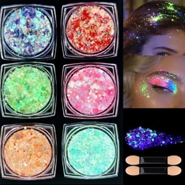 Gel de glitter fluorescente para rostro y cuerpo 6 colores purpurina luminosa con efecto brillo en la oscuridad UV, autoadhesivo, maquillaje para carnaval, Halloween, fiesta y festival