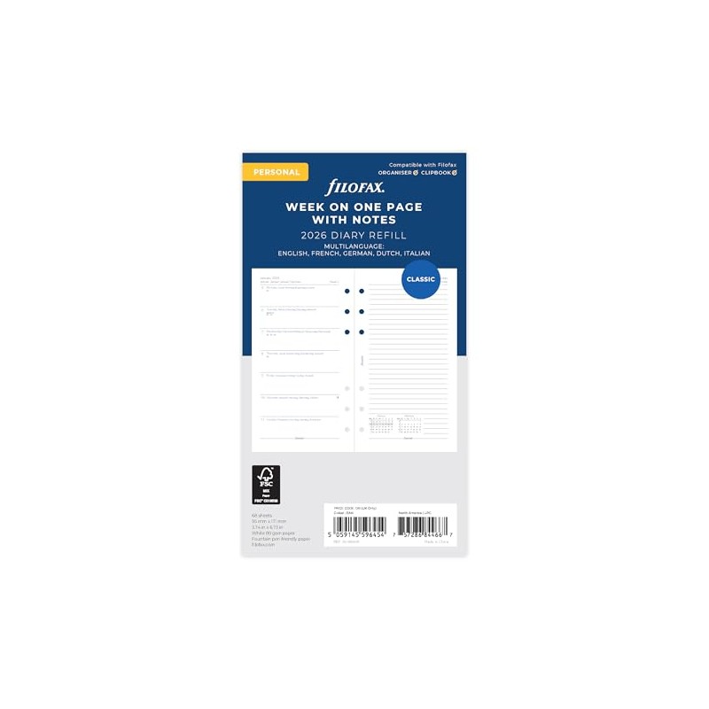 Filofax Personal week per page with notes 5 language 2026