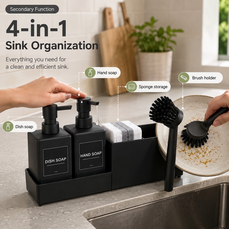 Kitchen Soap Dispenser Set for Sink Organization – 4-in-1 Black