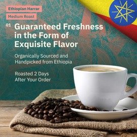 Organic Ethiopian Ground Coffee Medium Roast - 12 oz, Single Origin Ethiopian Harrar Coffee Beans, Specialty Coffee, Fair Trade, Chocolate & Fruity Notes - Roasted To Order