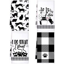 Kajaia 4 Pcs Halloween Black Cat Hand Towels Boho Kitchen Towels Black White Dish Cloths Geometric Plaid Tea Towel Modern Funny Decorative Dishcloths for Cat Lover Home Bathroom Housewarming Gifts