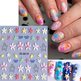 Summer Nail Stickers for Nail Art, 5D Embossed Cute Hibiscus Flower Beach Nail Decals Summer Ocean Starfish Seashell Tropical Flower Nail Art Supplies for Women Girls (2Sheets)