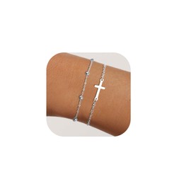 Cross Silver Bracelet for Women Gift - Stainless Steel Cross Pendant Charm Adjustable Link Chain Bracelet, First Confirmation Easter Christian Jewelry Gifts for Mom Wife Daughter Grandma Girlfriends