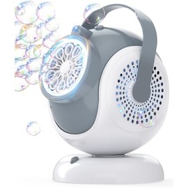 Máquina recargable de burbujas Joyfuture, rotación automática de 360°, soplador de burbujas con ajuste de 75° y 10 varillas de agujeros grandes para niños, juego al aire libre para niños pequeños